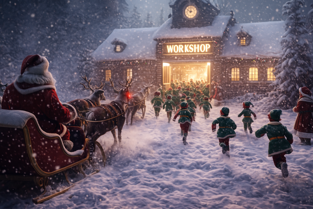 Elves rush the workshop as Santa Arrives